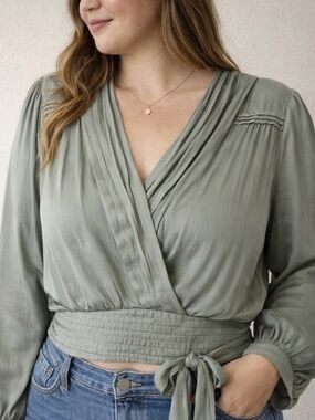 Anthropologie Sage Green V-Neck Wrap Blouse with Waist Tie